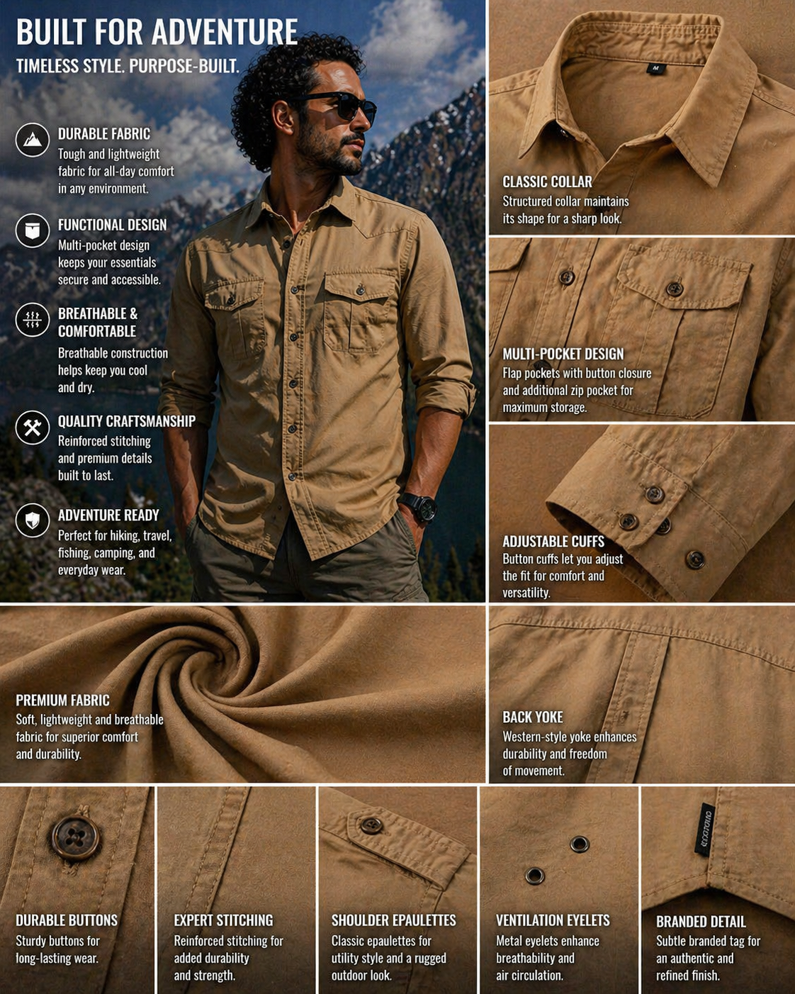 FREDD MARSHALL Men's Tactical Outdoor Shirt — Military Style, Hiking, Workwear