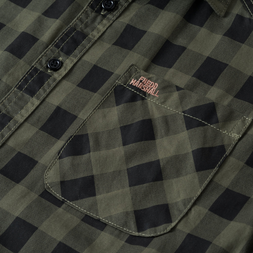 FREDD MARSHALL olive black plaid shirt pocket, high-performance outdoor apparel