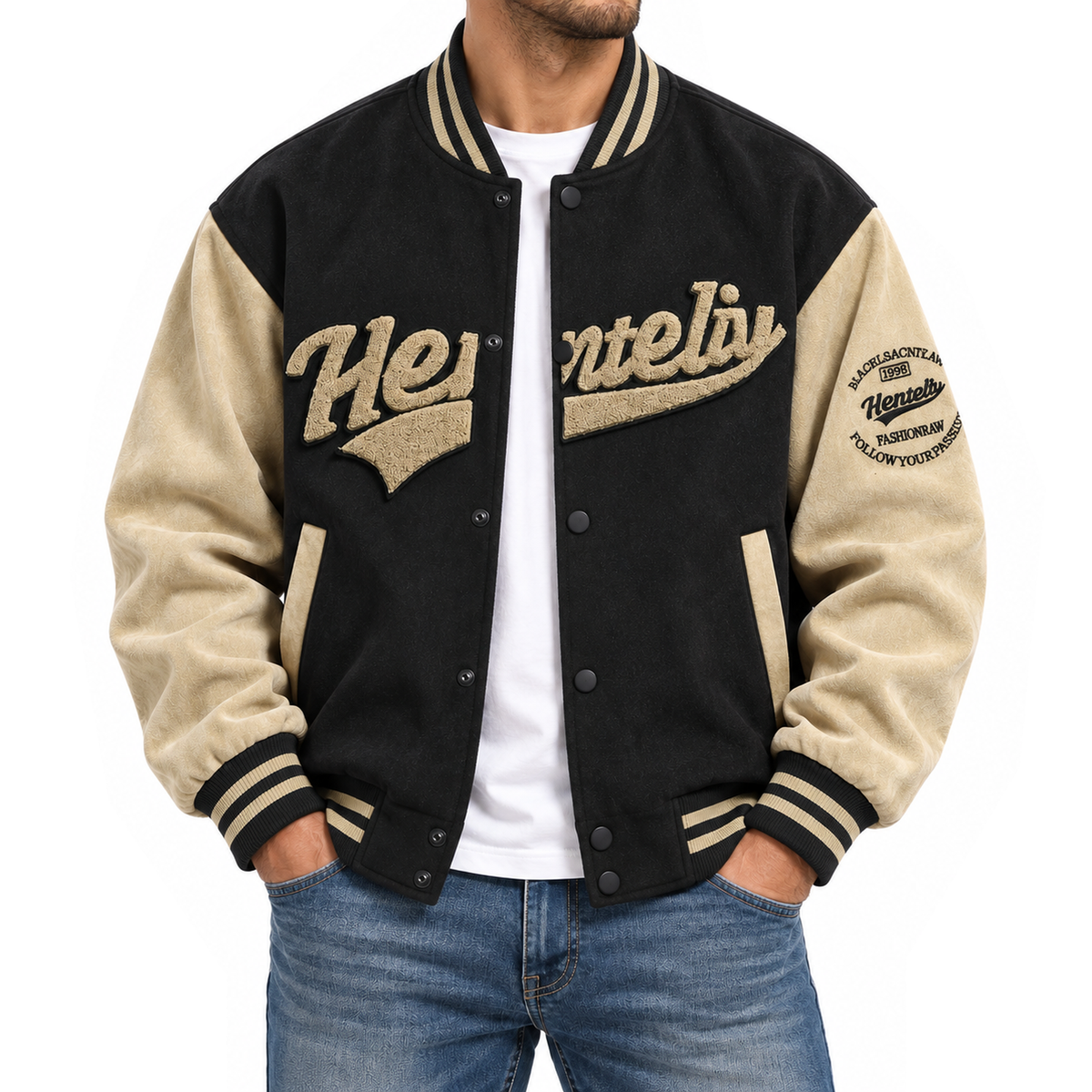 FREDD MARSHALL FH1008 men's faux suede color-block varsity jacket, Black, front view