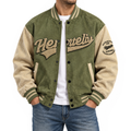 FREDD MARSHALL FH1008 men's faux suede color-block varsity jacket, Army Green, front view