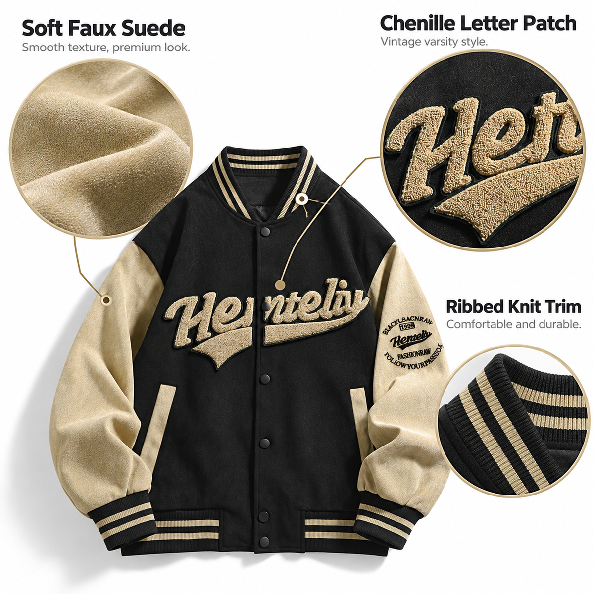 FREDD MARSHALL FH1008 men's faux suede color-block varsity jacket, Black, construction detail