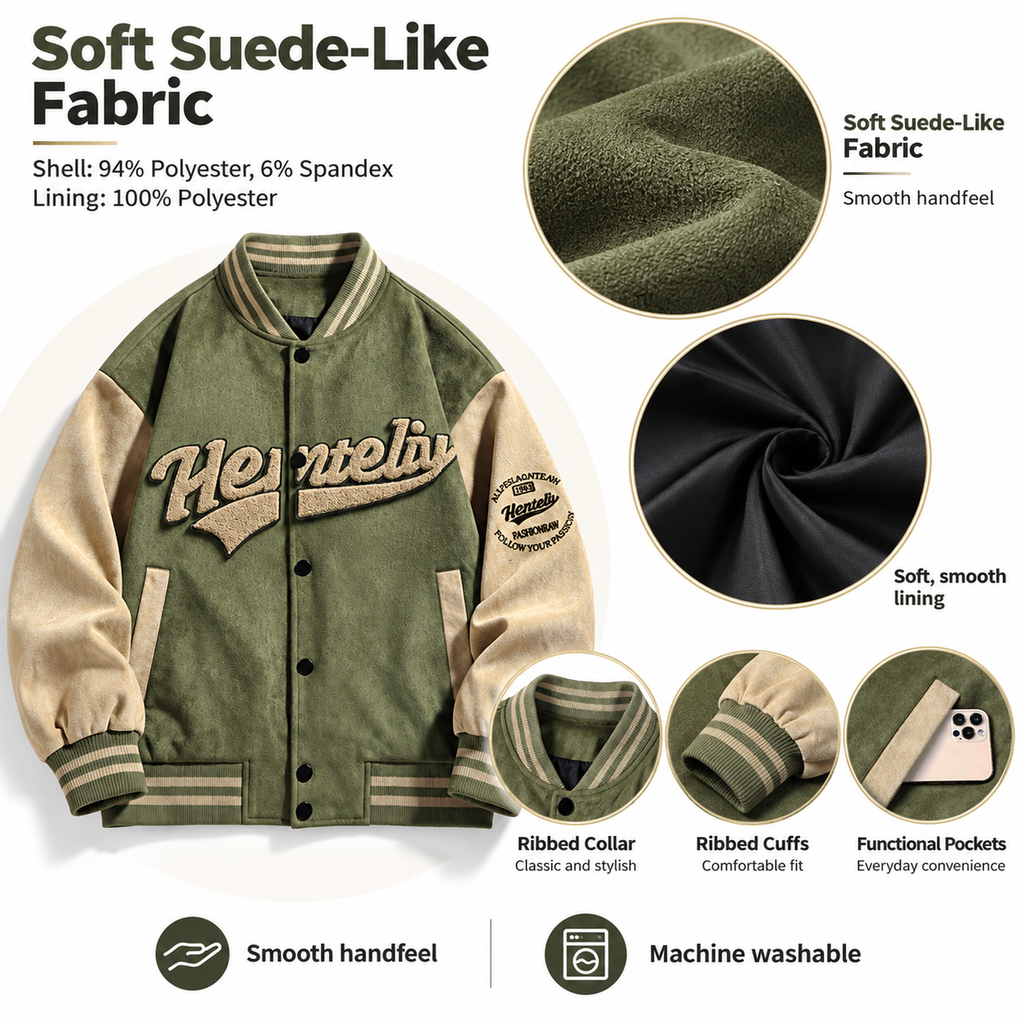 FREDD MARSHALL FH1008 men's faux suede color-block varsity jacket, Army Green, construction detail