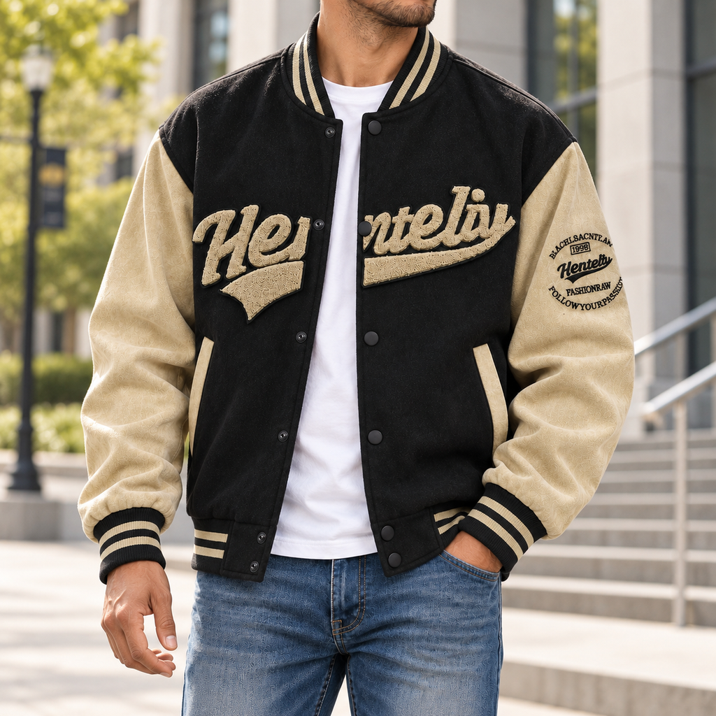FREDD MARSHALL FH1008 men's faux suede color-block varsity jacket, Black, styled outfit