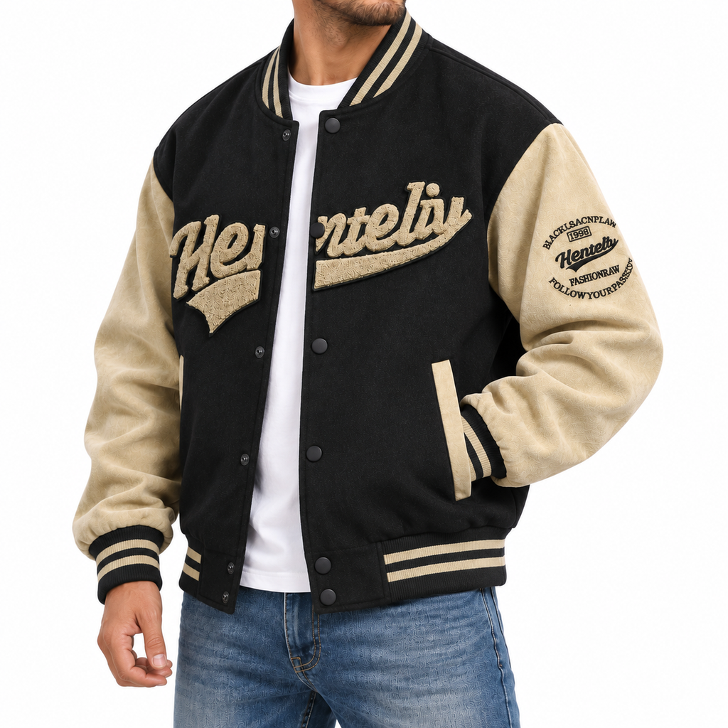 FREDD MARSHALL FH1008 men's faux suede color-block varsity jacket, Black, side view