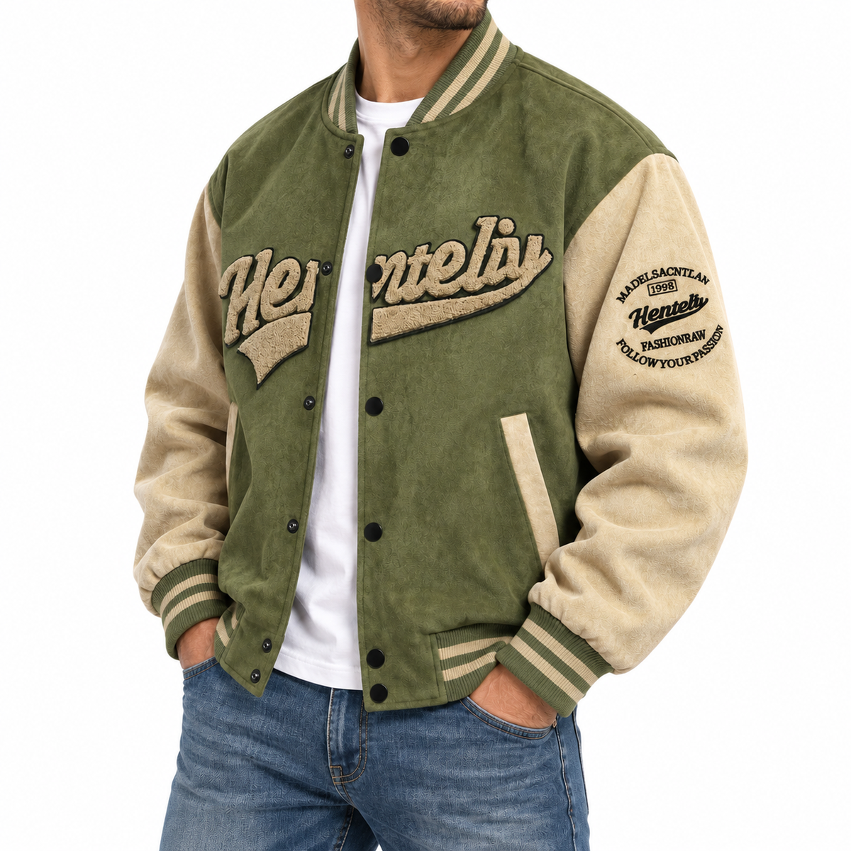 FREDD MARSHALL FH1008 men's faux suede color-block varsity jacket, Army Green, side view