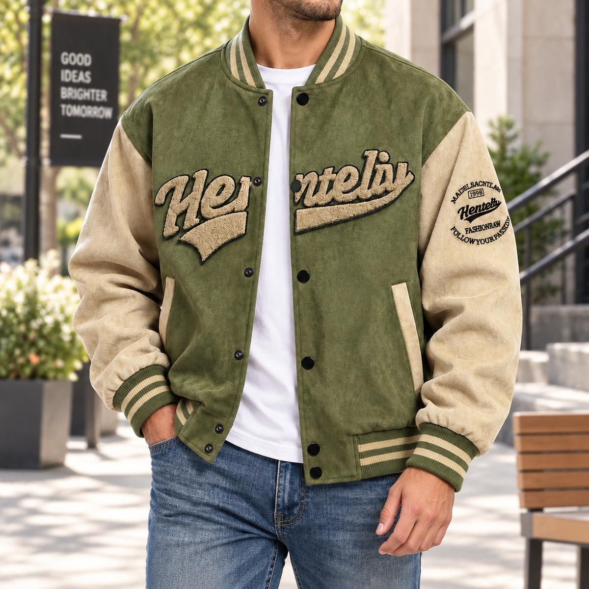 FREDD MARSHALL FH1008 men's faux suede color-block varsity jacket, Army Green, styled outfit
