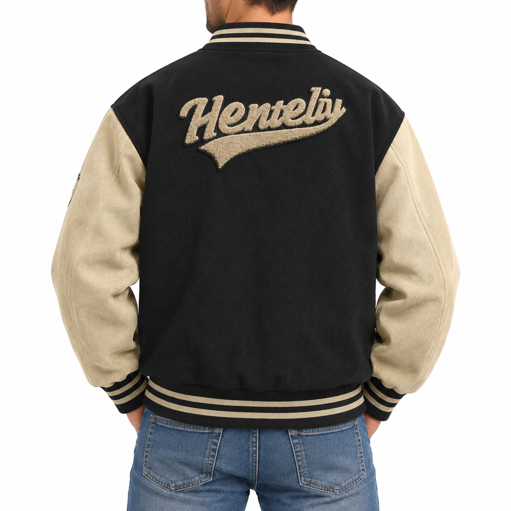 FREDD MARSHALL FH1008 men's faux suede color-block varsity jacket, Black, back view