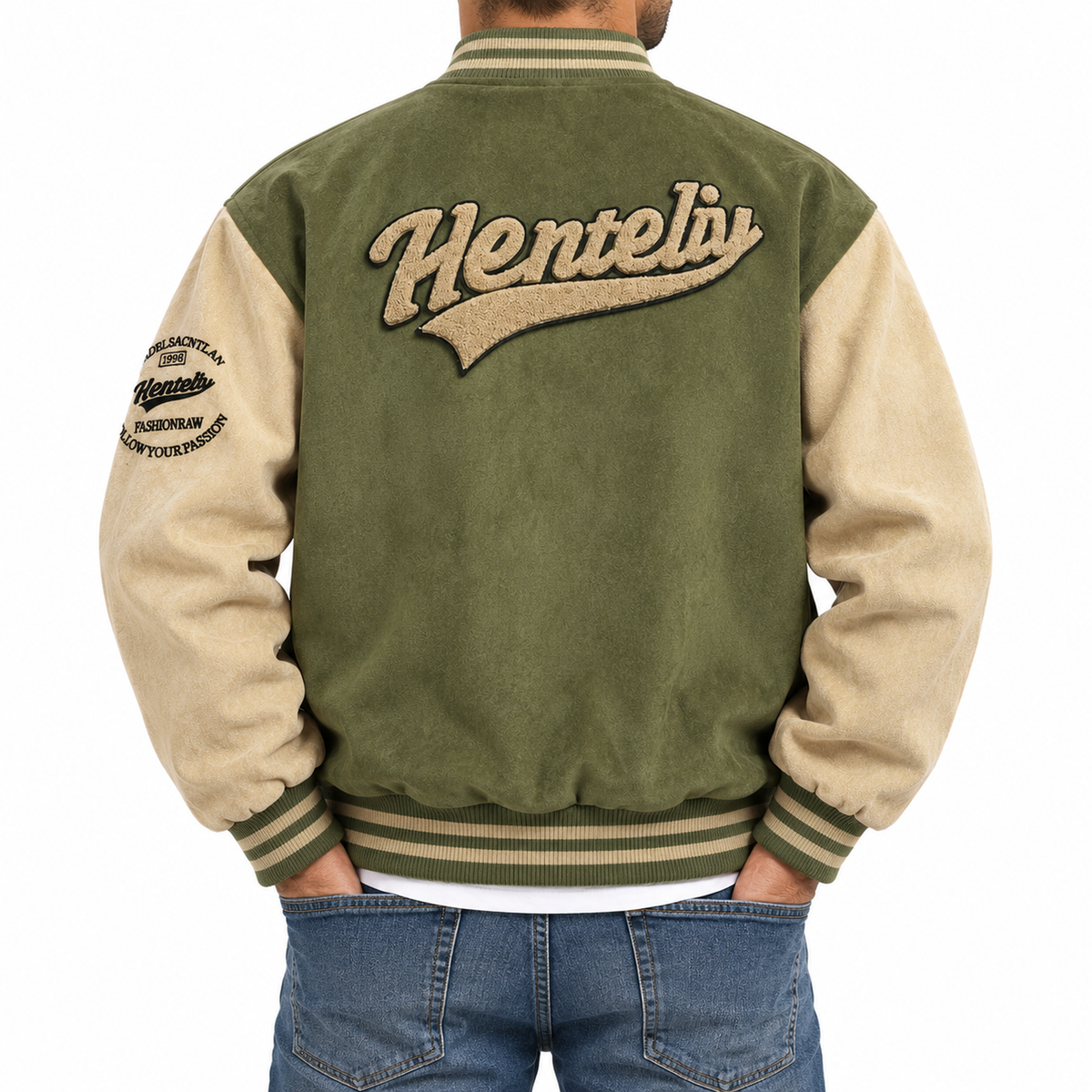 FREDD MARSHALL FH1008 men's faux suede color-block varsity jacket, Army Green, back view