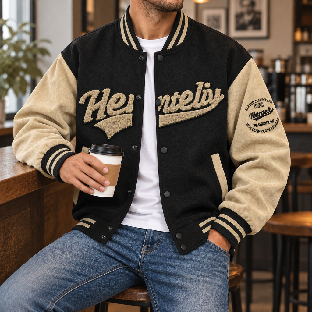 FREDD MARSHALL FH1008 men's faux suede color-block varsity jacket, Black, styled outfit