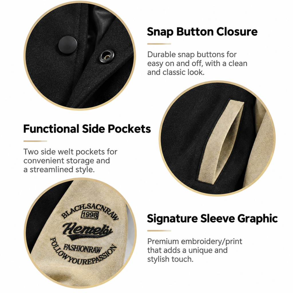 FREDD MARSHALL FH1008 men's faux suede color-block varsity jacket, Black, construction detail