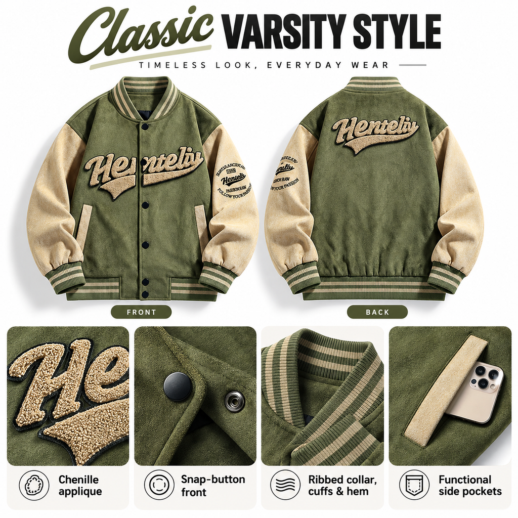 FREDD MARSHALL FH1008 men's faux suede color-block varsity jacket, Army Green, construction detail