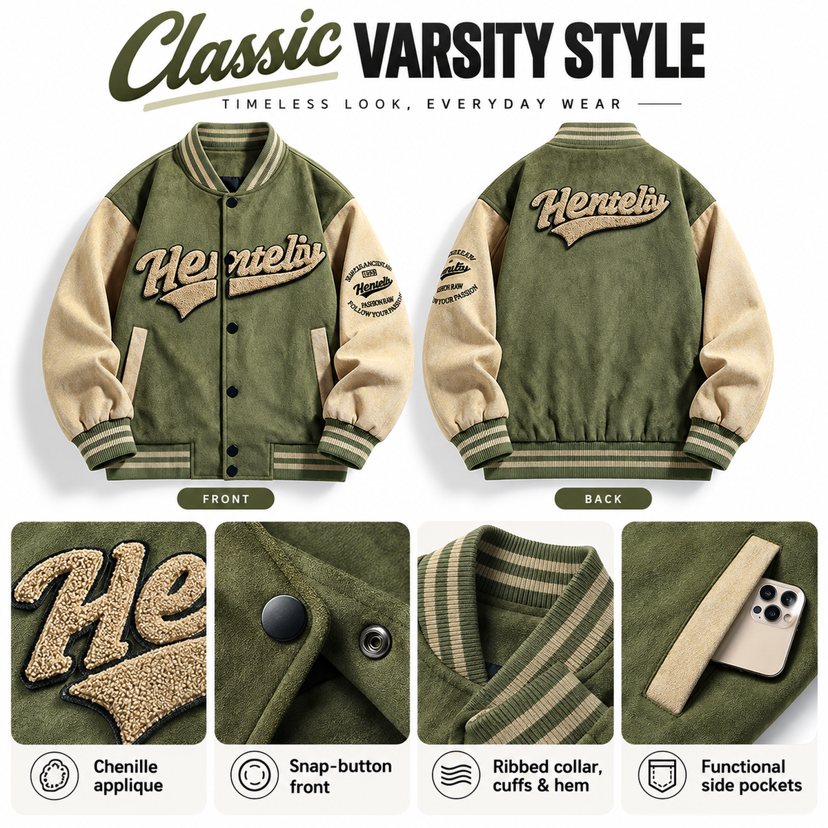 FREDD MARSHALL FH1008 men's faux suede color-block varsity jacket, Army Green, construction detail