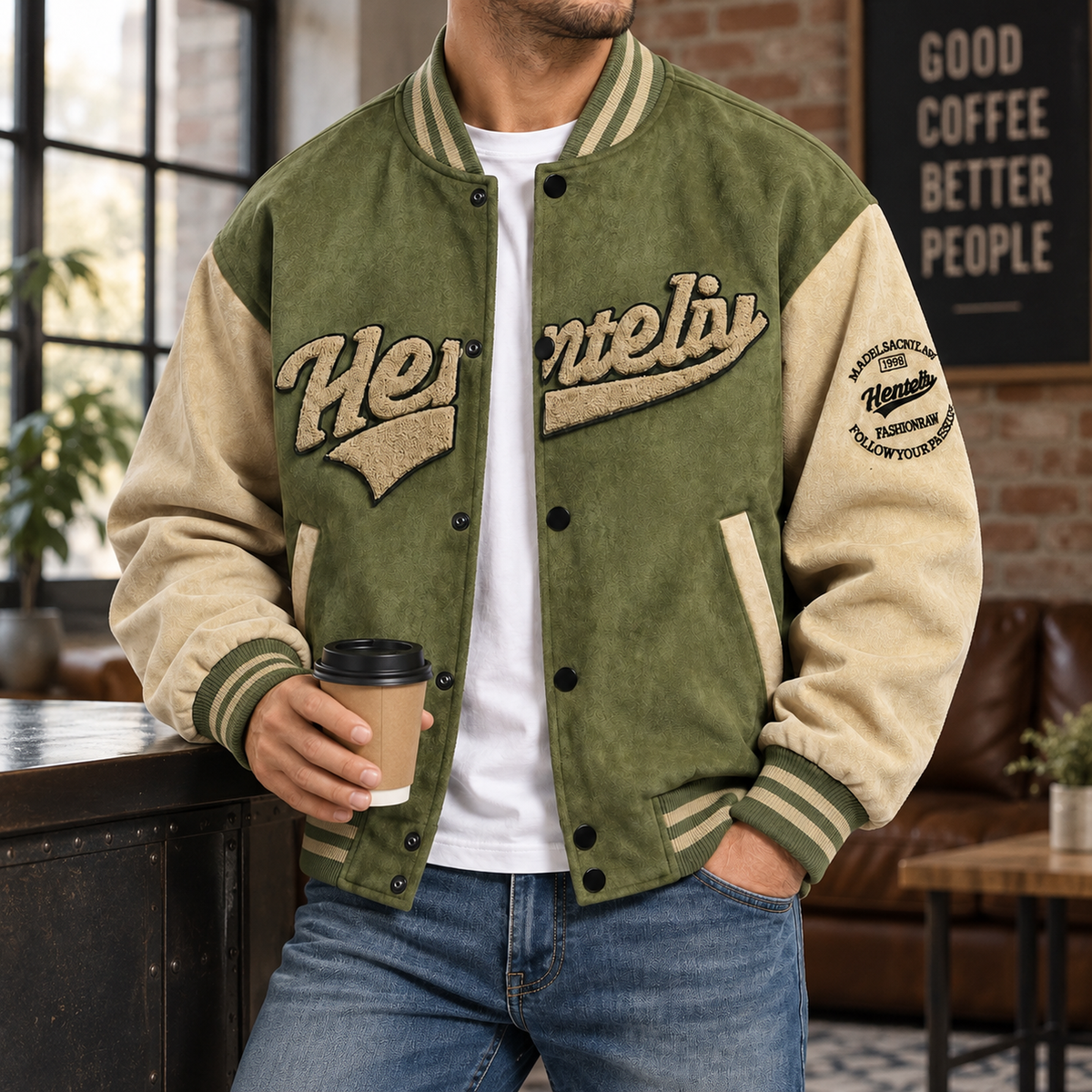 FREDD MARSHALL FH1008 men's faux suede color-block varsity jacket, Army Green, styled outfit