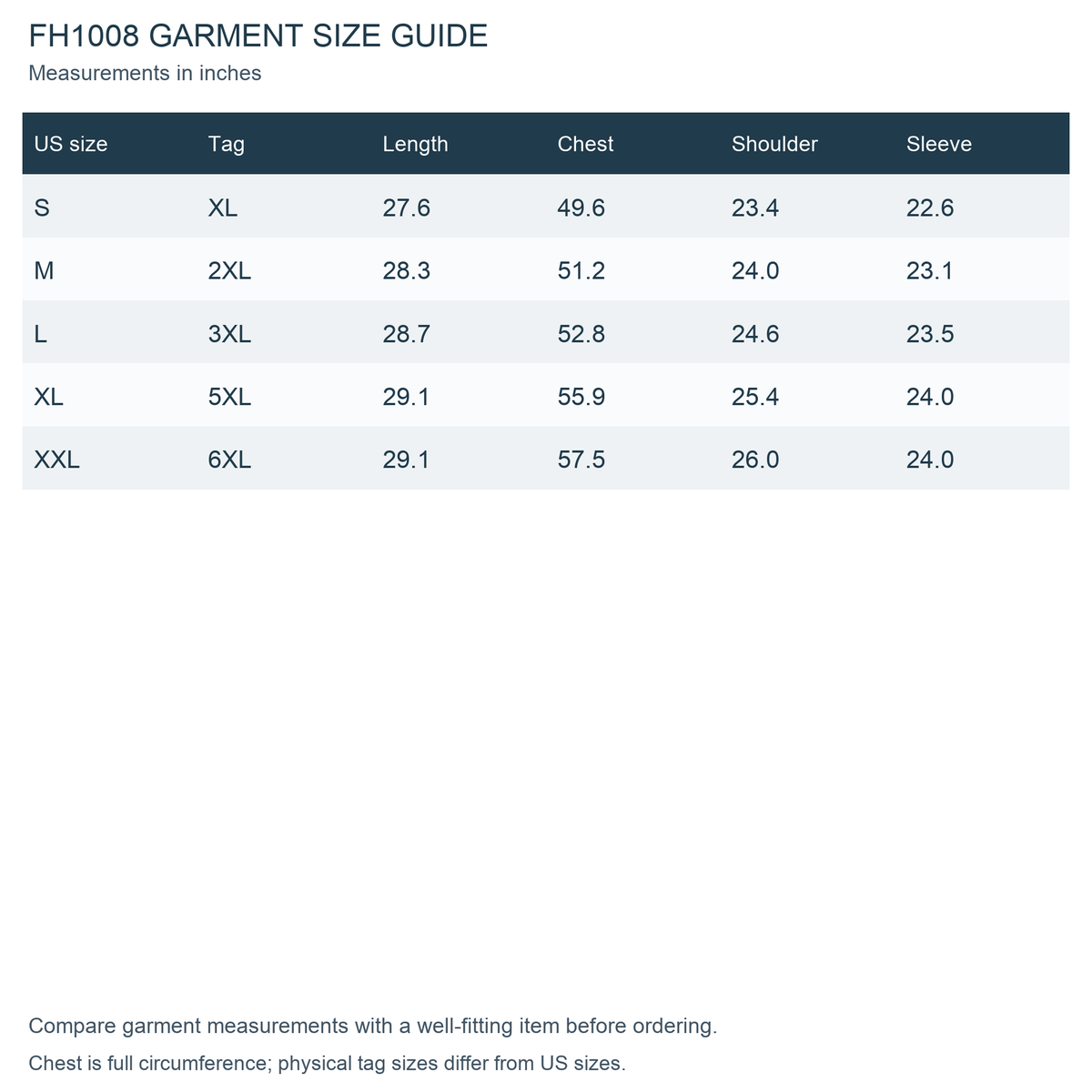 FH1008 verified garment measurements and size guide
