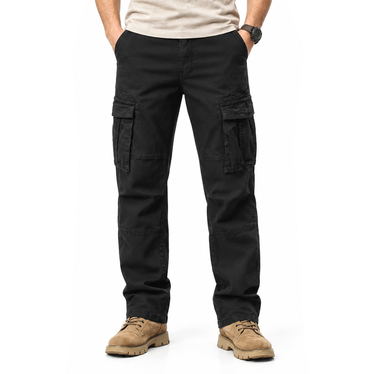 FREDD MARSHALL FH2219 men's cotton straight-leg cargo pants, Black, front view