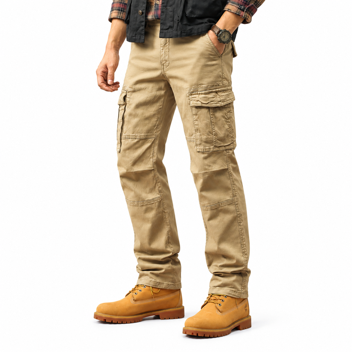 FREDD MARSHALL FH2219 men's cotton straight-leg cargo pants, Khaki, side view