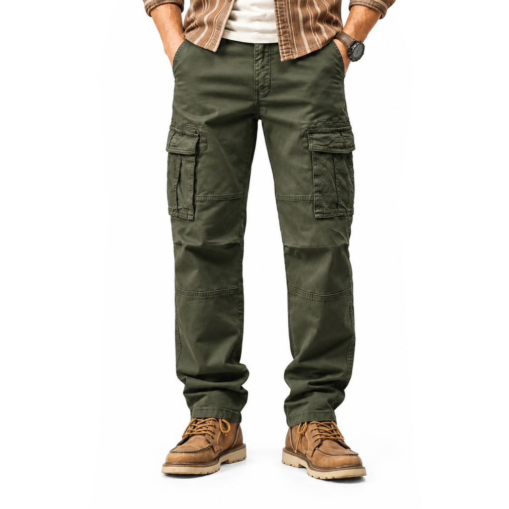 FREDD MARSHALL FH2219 men's cotton straight-leg cargo pants, Army Green, front view