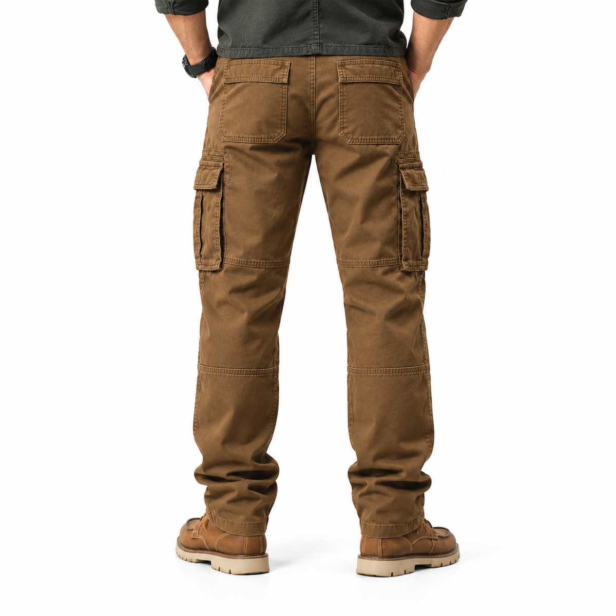 FREDD MARSHALL FH2219 men's cotton straight-leg cargo pants, Brown, back view