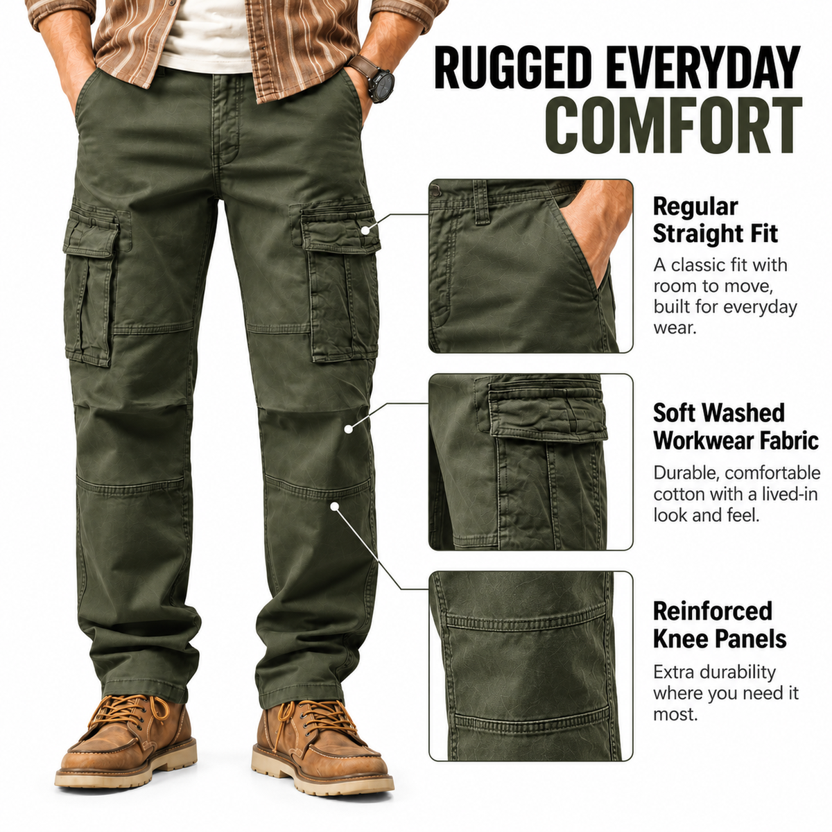 FREDD MARSHALL FH2219 men's cotton straight-leg cargo pants, Army Green, construction detail