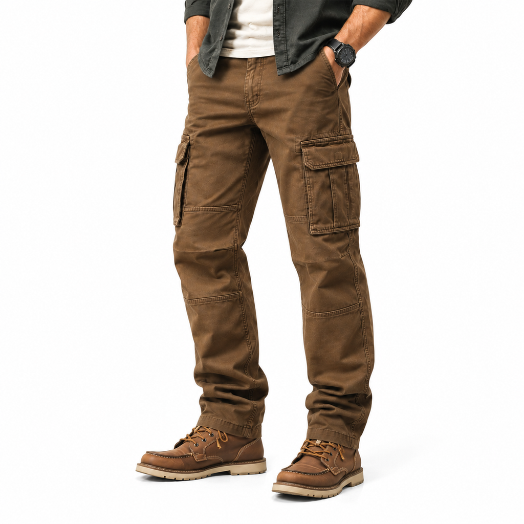 FREDD MARSHALL FH2219 men's cotton straight-leg cargo pants, Brown, side view