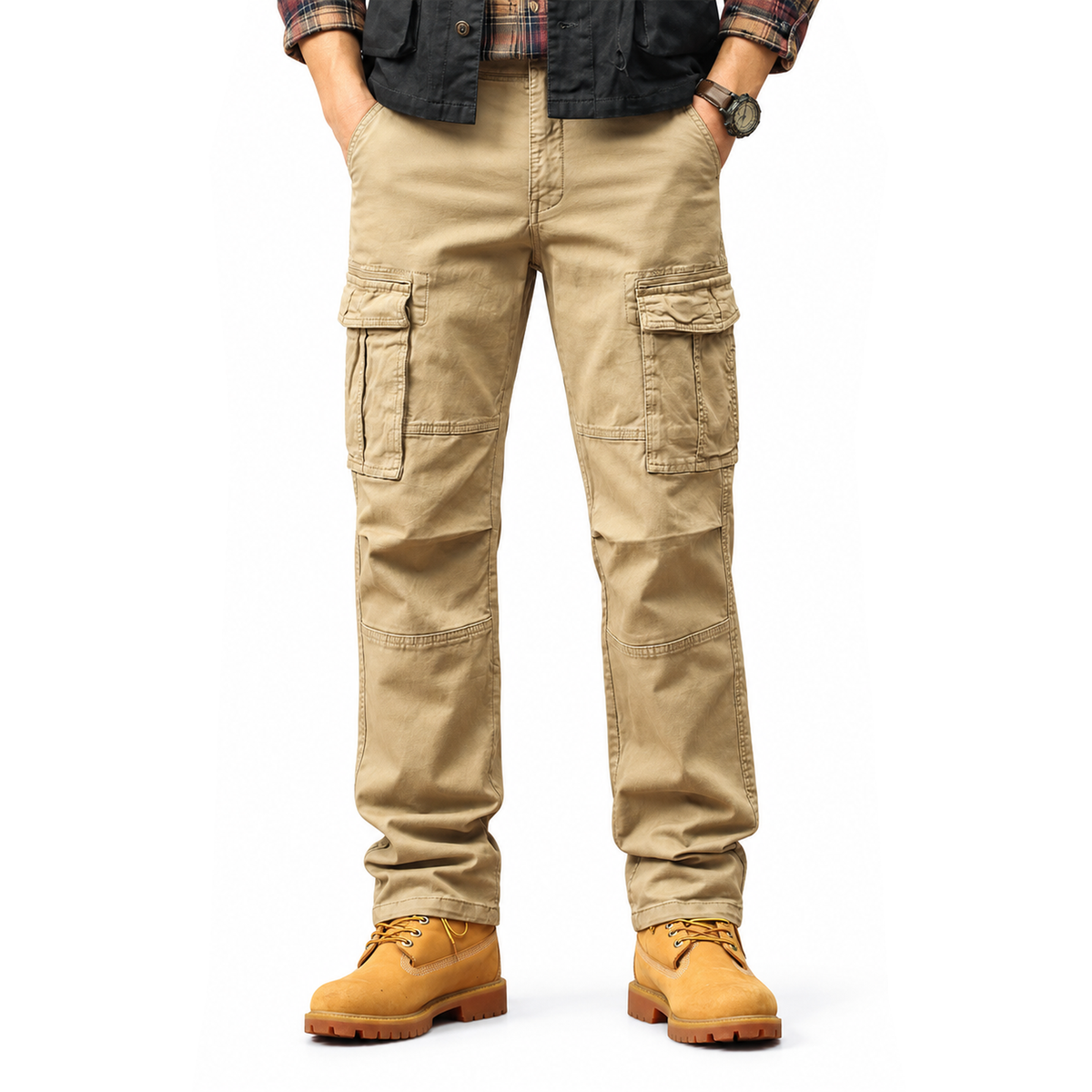 FREDD MARSHALL FH2219 men's cotton straight-leg cargo pants, Khaki, front view