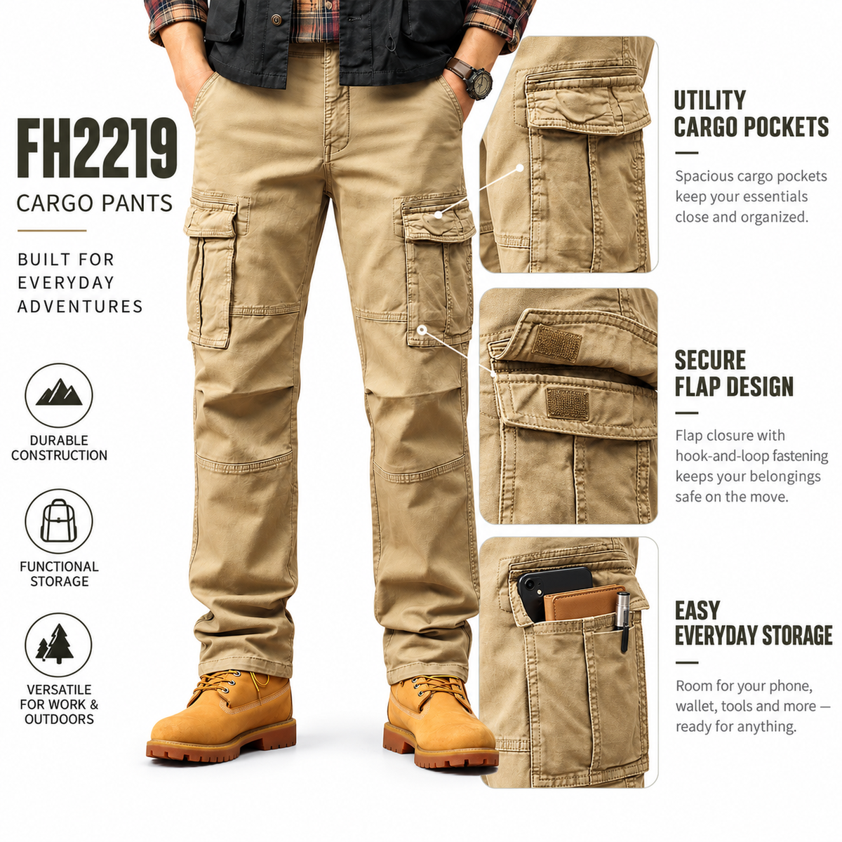 FREDD MARSHALL FH2219 men's cotton straight-leg cargo pants, Khaki, construction detail