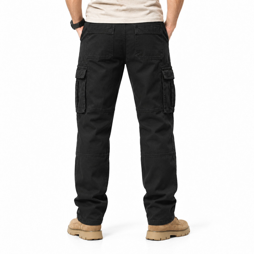 FREDD MARSHALL FH2219 men's cotton straight-leg cargo pants, Black, back view