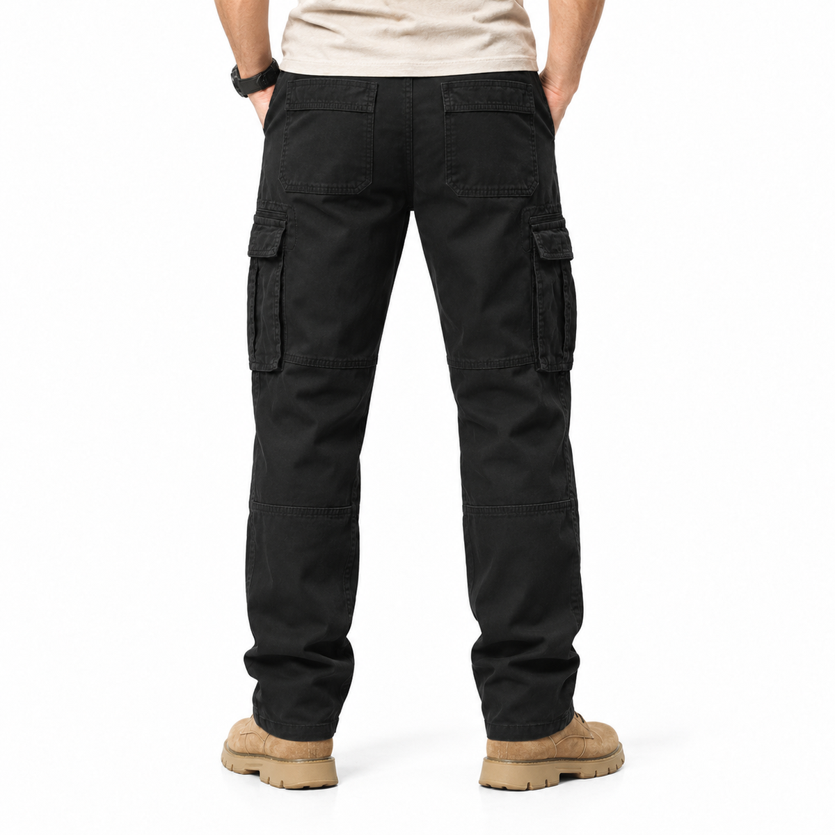 FREDD MARSHALL FH2219 men's cotton straight-leg cargo pants, Black, back view