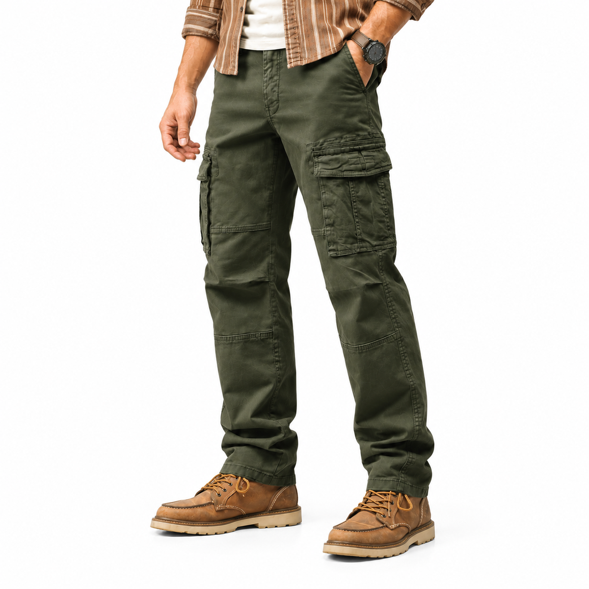 FREDD MARSHALL FH2219 men's cotton straight-leg cargo pants, Army Green, side view