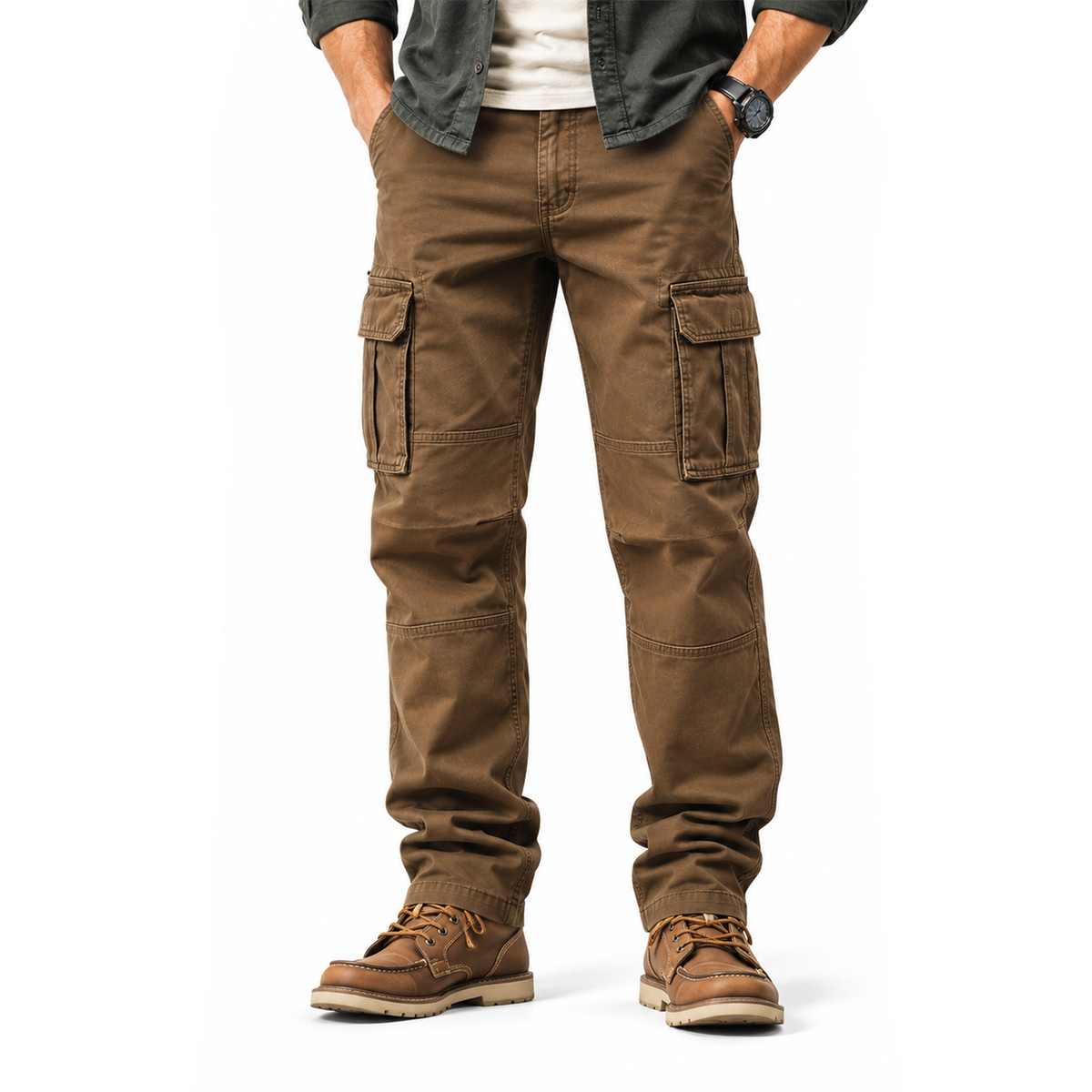 FREDD MARSHALL FH2219 men's cotton straight-leg cargo pants, Brown, front view