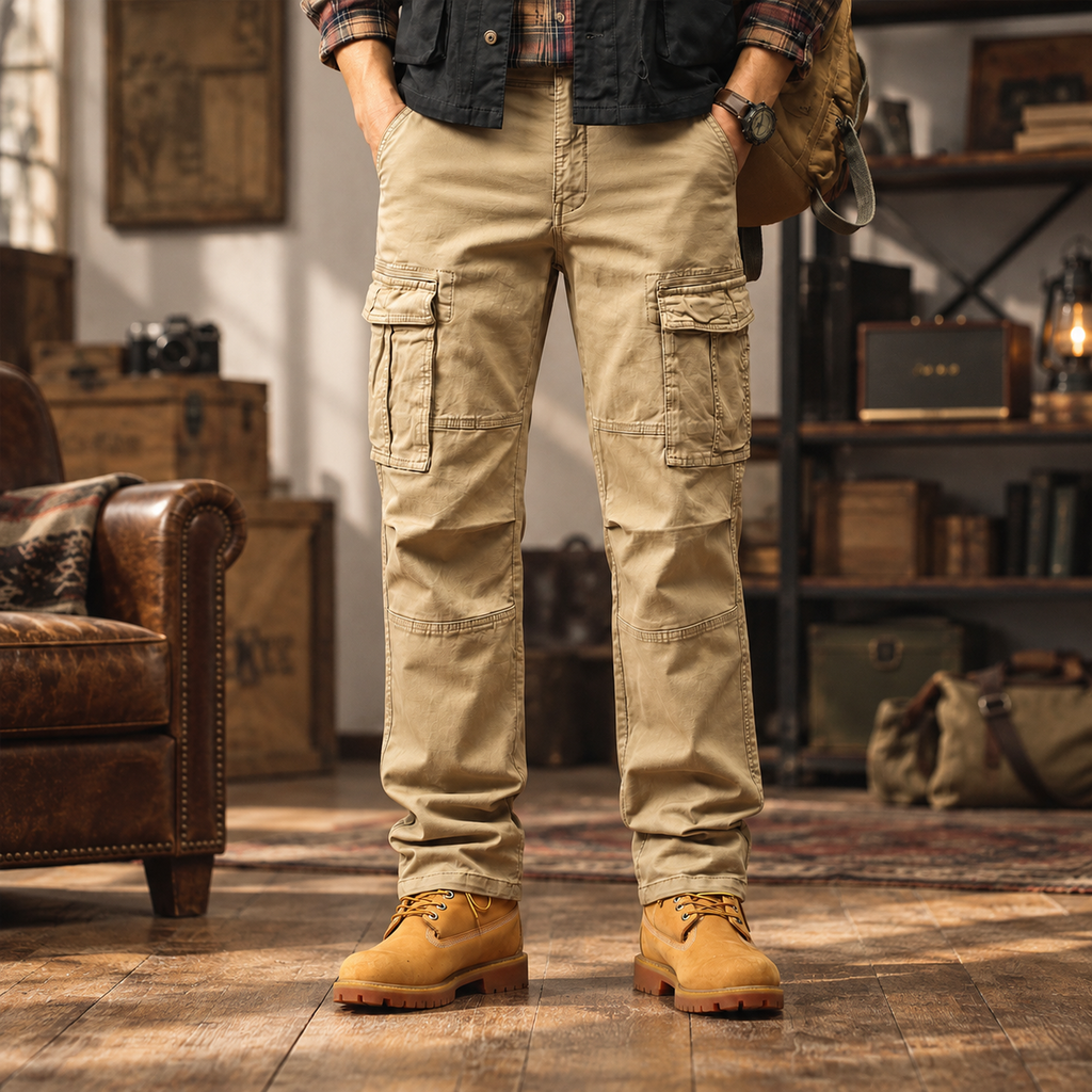 FREDD MARSHALL FH2219 men's cotton straight-leg cargo pants, Khaki, styled outfit