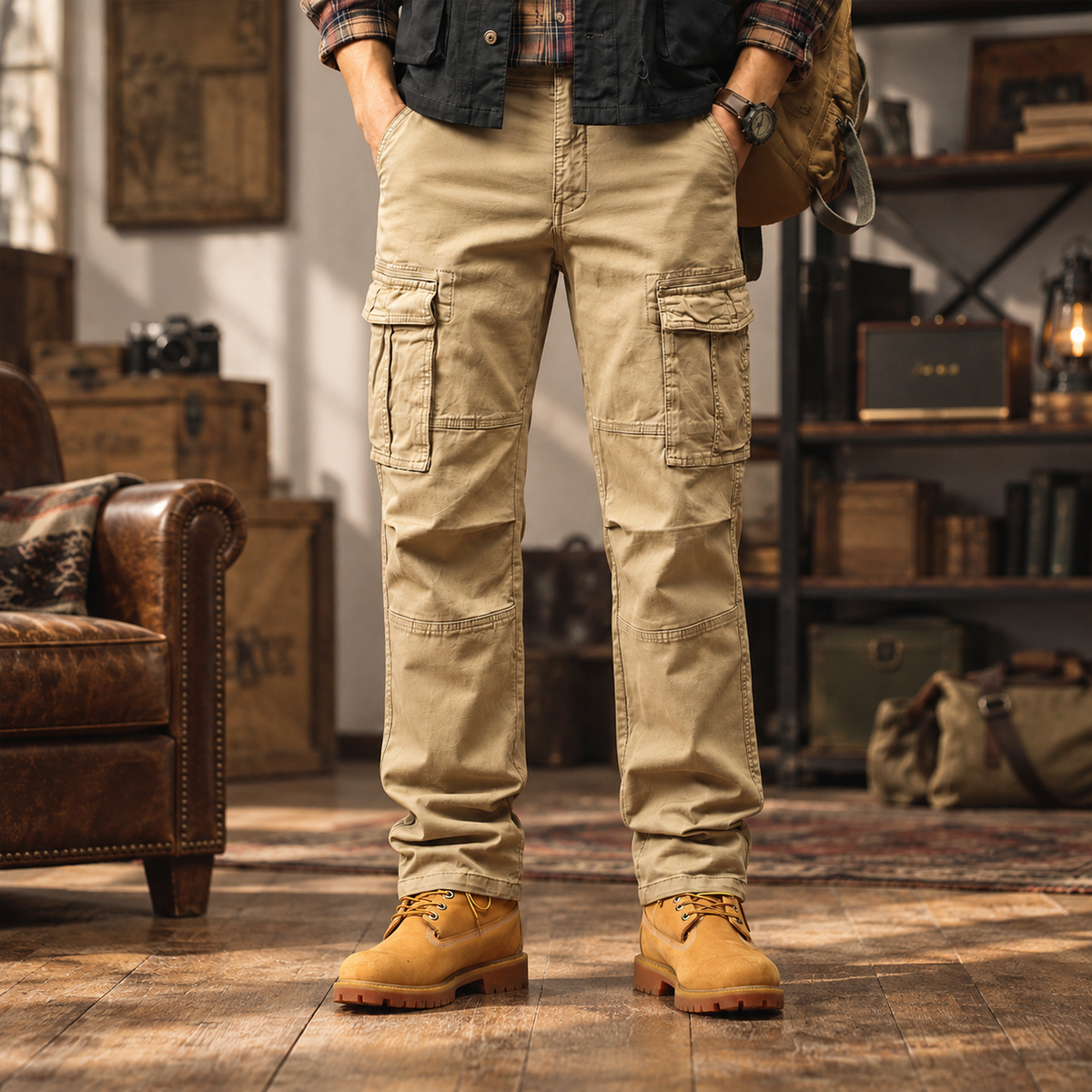 FREDD MARSHALL FH2219 men's cotton straight-leg cargo pants, Khaki, styled outfit