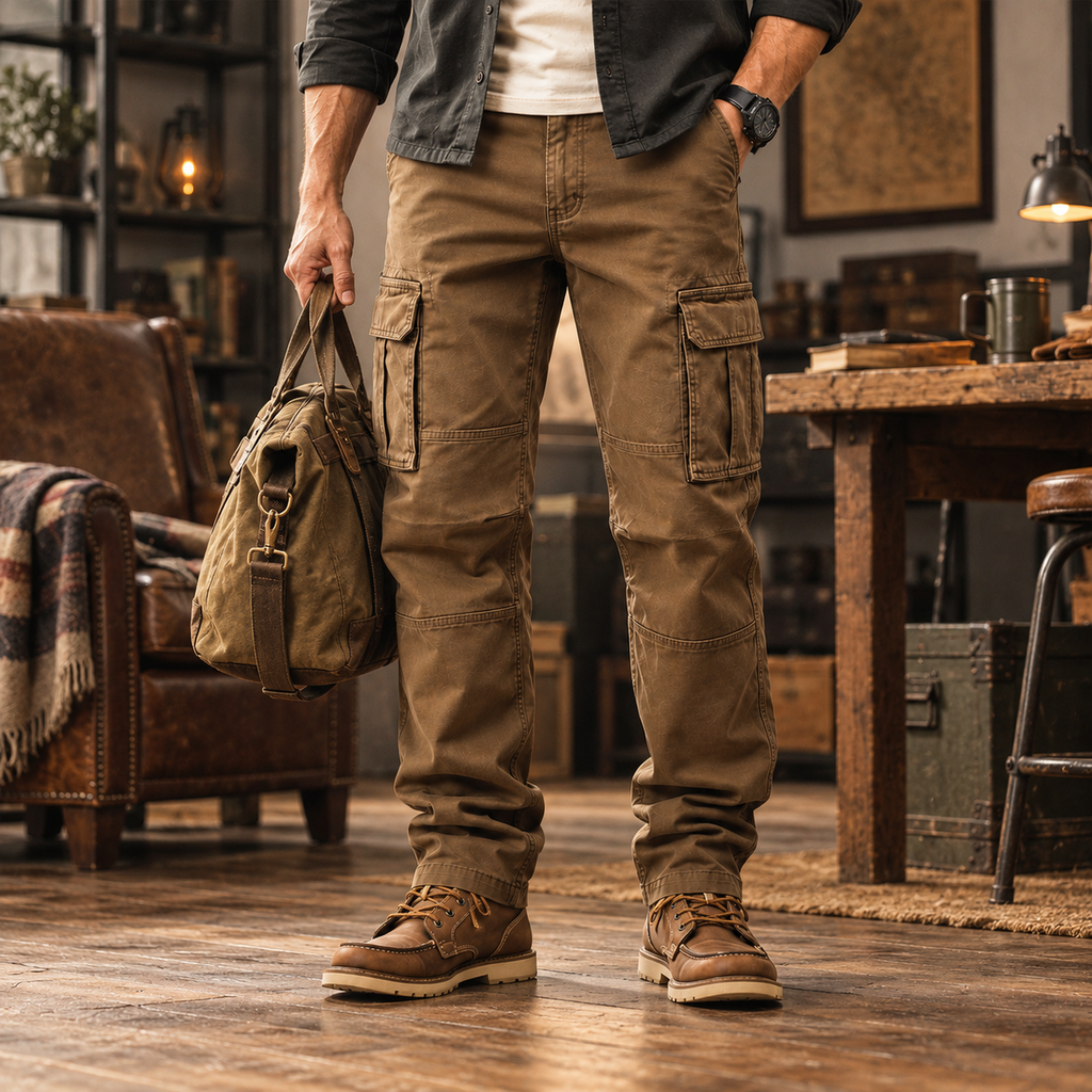 FREDD MARSHALL FH2219 men's cotton straight-leg cargo pants, Brown, styled outfit