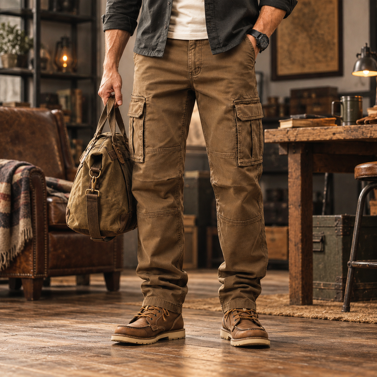 FREDD MARSHALL FH2219 men's cotton straight-leg cargo pants, Brown, styled outfit