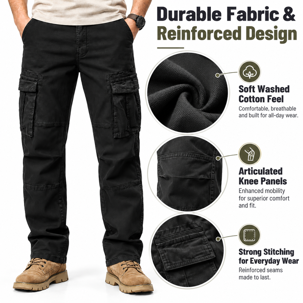 FREDD MARSHALL FH2219 men's cotton straight-leg cargo pants, Black, construction detail