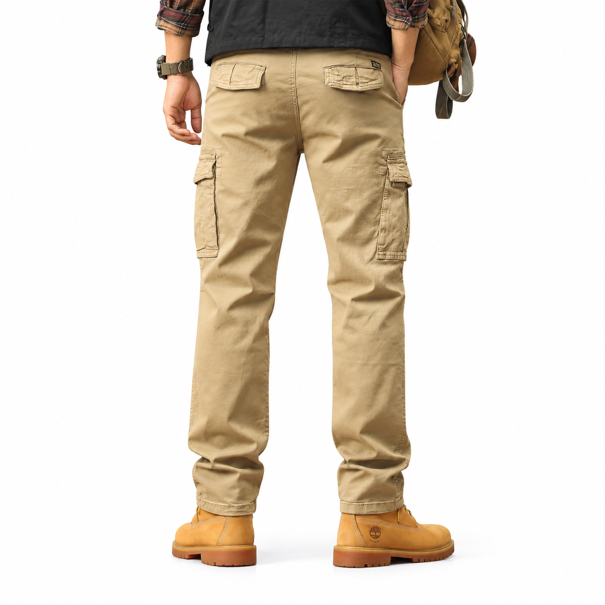 FREDD MARSHALL FH2219 men's cotton straight-leg cargo pants, Khaki, back view
