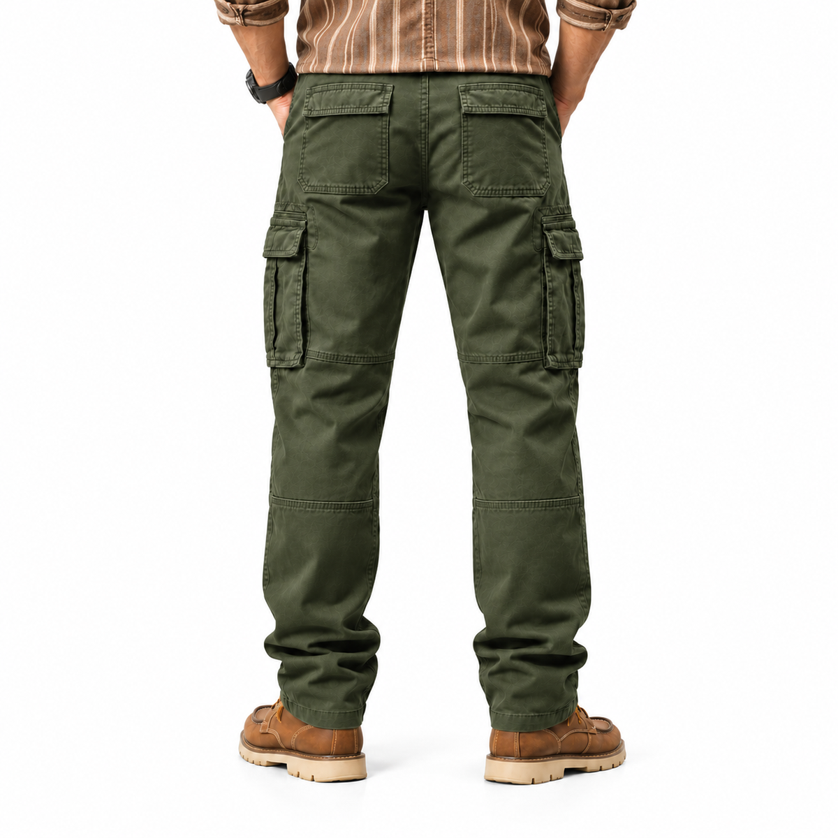 FREDD MARSHALL FH2219 men's cotton straight-leg cargo pants, Army Green, back view