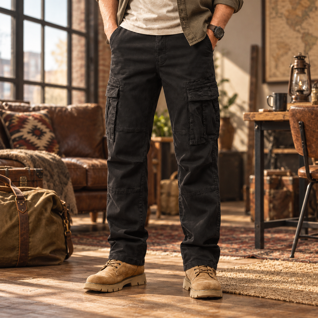 FREDD MARSHALL FH2219 men's cotton straight-leg cargo pants, Black, styled outfit