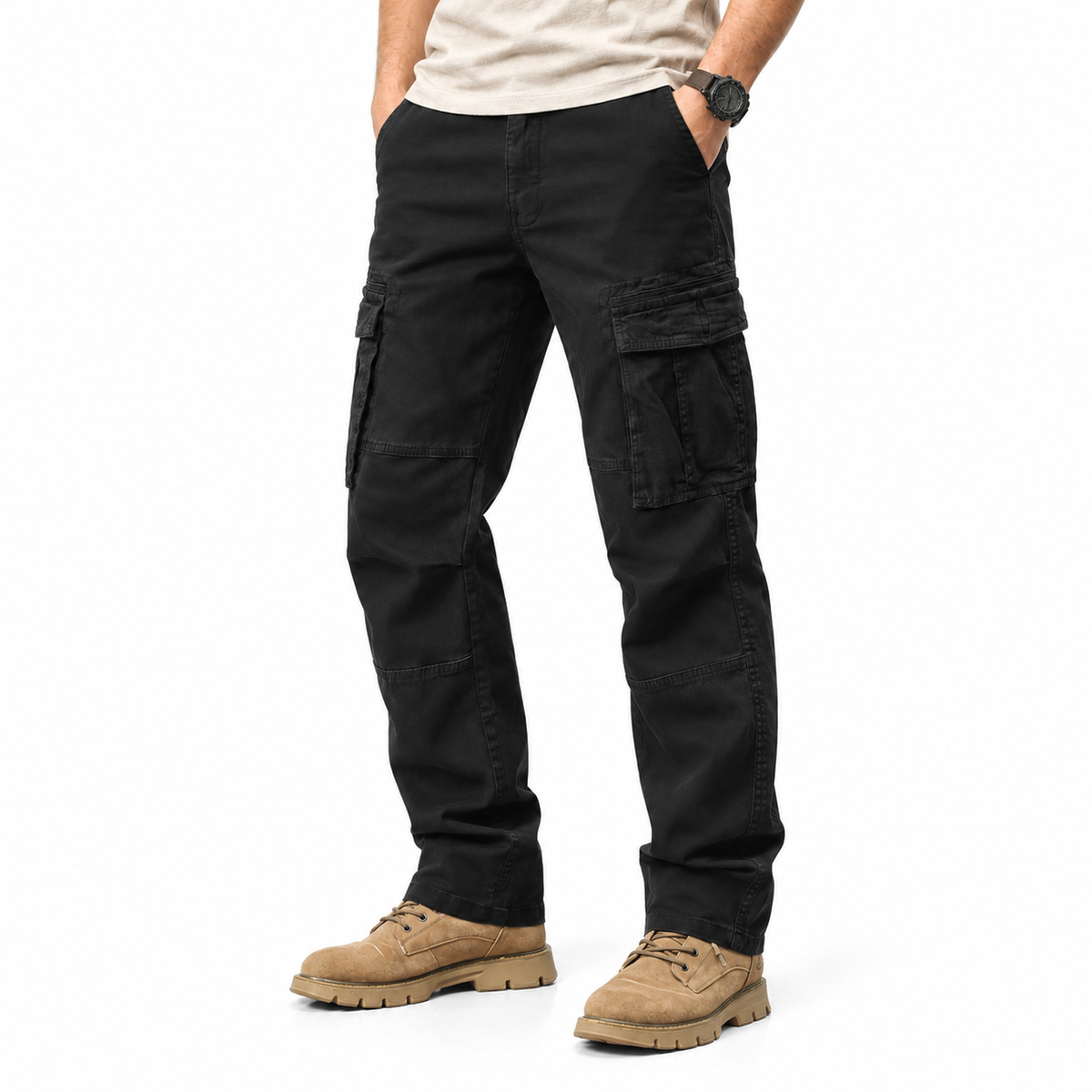 FREDD MARSHALL FH2219 men's cotton straight-leg cargo pants, Black, side view