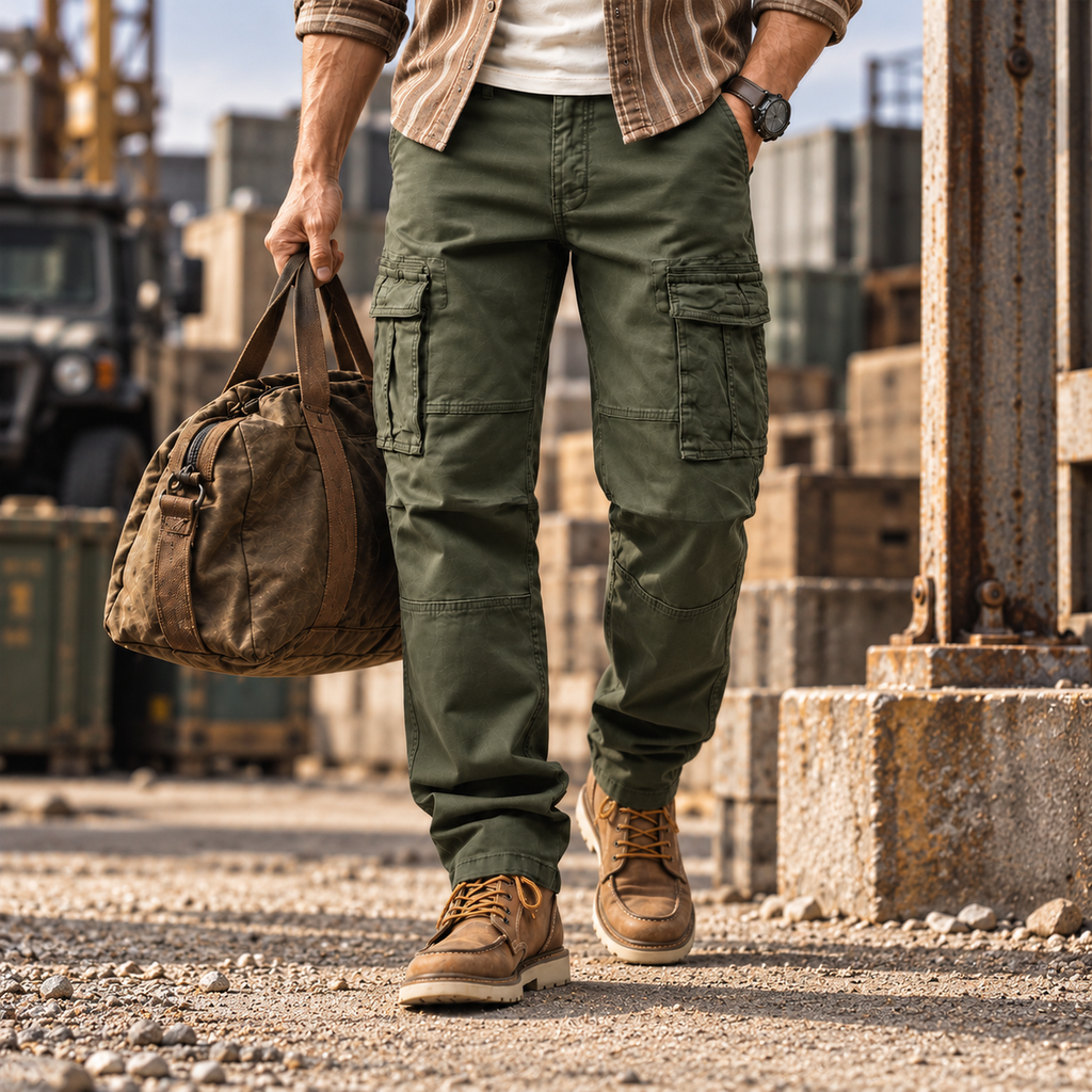 FREDD MARSHALL FH2219 men's cotton straight-leg cargo pants, Army Green, styled outfit