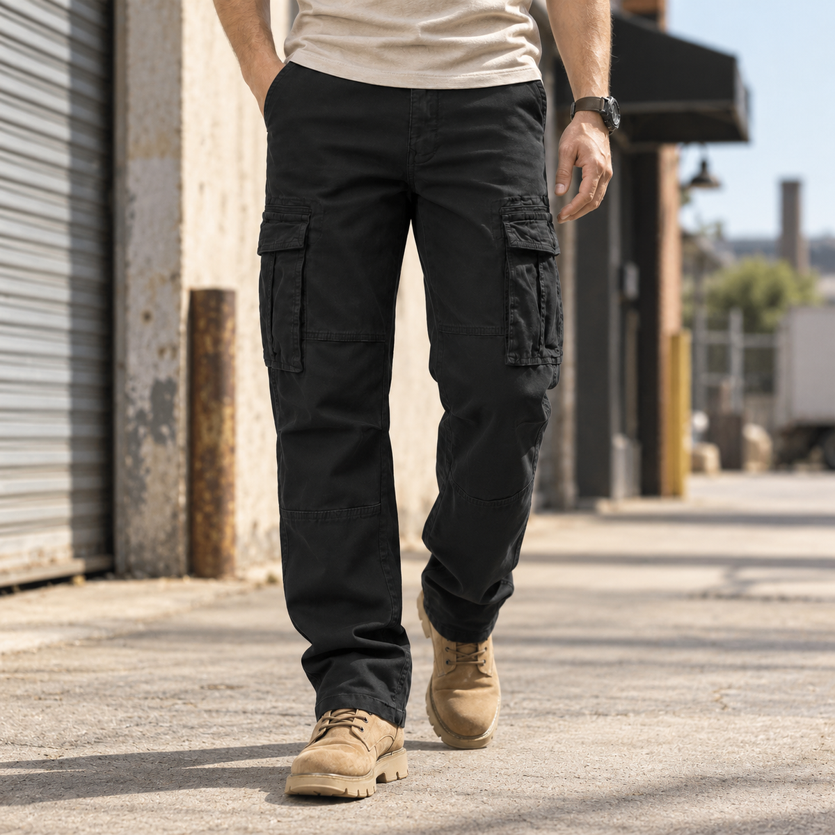 FREDD MARSHALL FH2219 men's cotton straight-leg cargo pants, Black, styled outfit