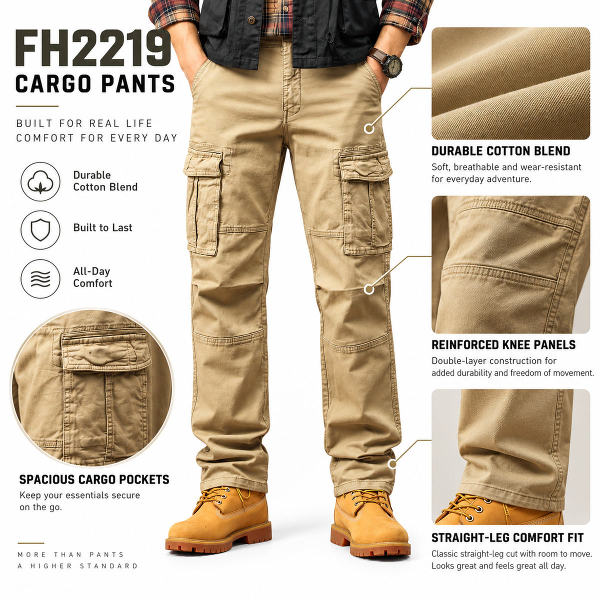 FREDD MARSHALL FH2219 men's cotton straight-leg cargo pants, Khaki, construction detail