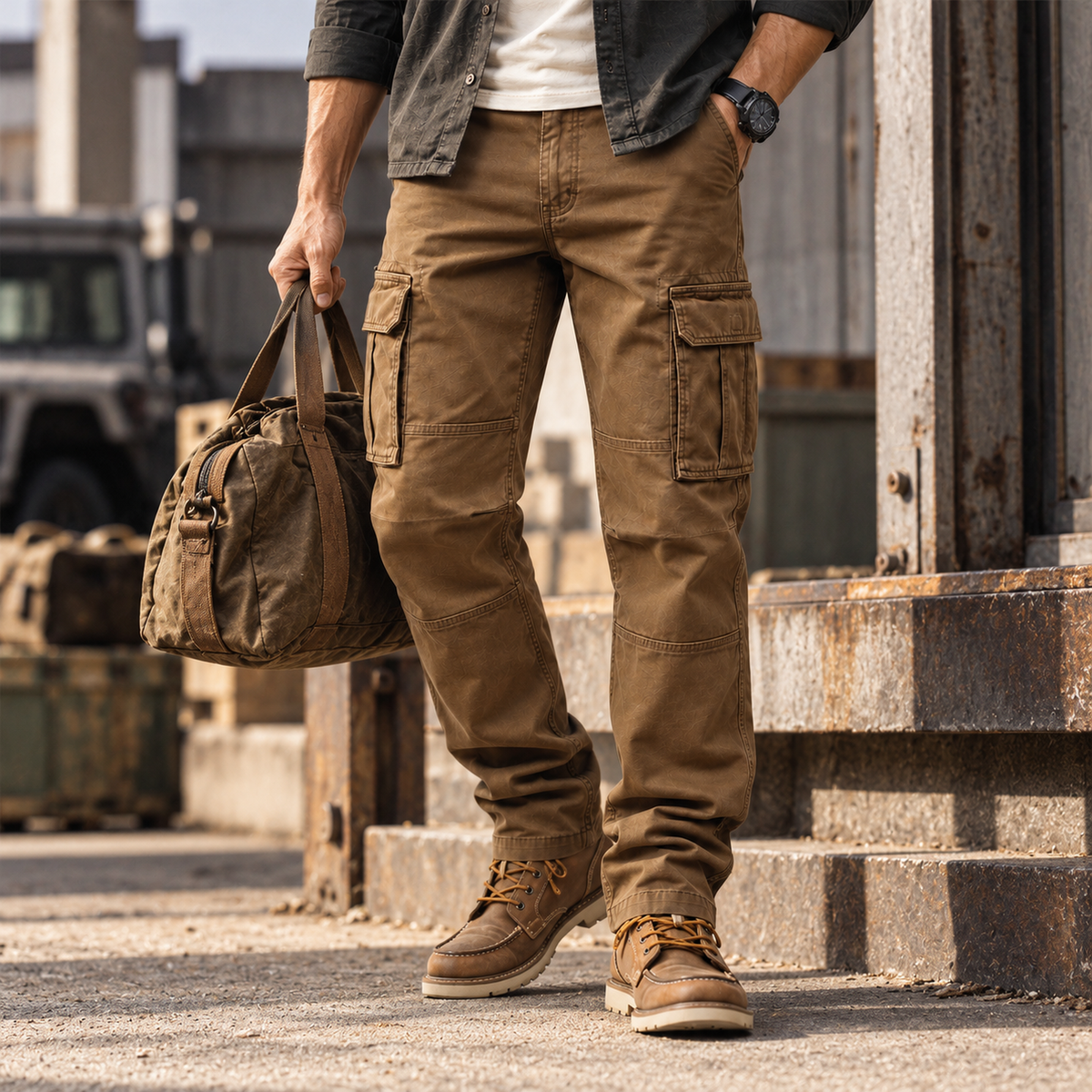 FREDD MARSHALL FH2219 men's cotton straight-leg cargo pants, Brown, styled outfit