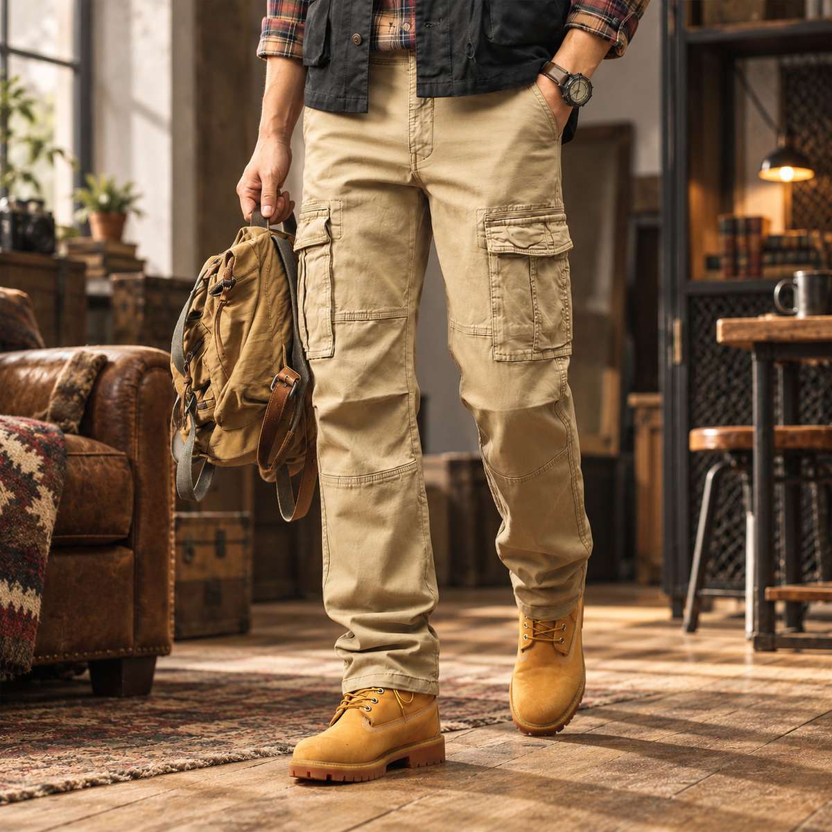 FREDD MARSHALL FH2219 men's cotton straight-leg cargo pants, Khaki, styled outfit