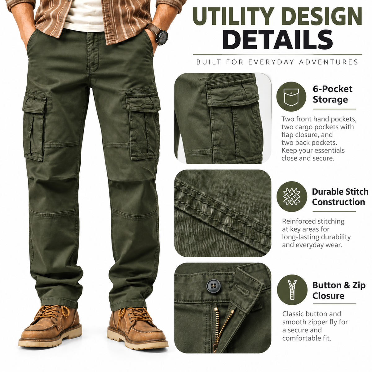 FREDD MARSHALL FH2219 men's cotton straight-leg cargo pants, Army Green, construction detail