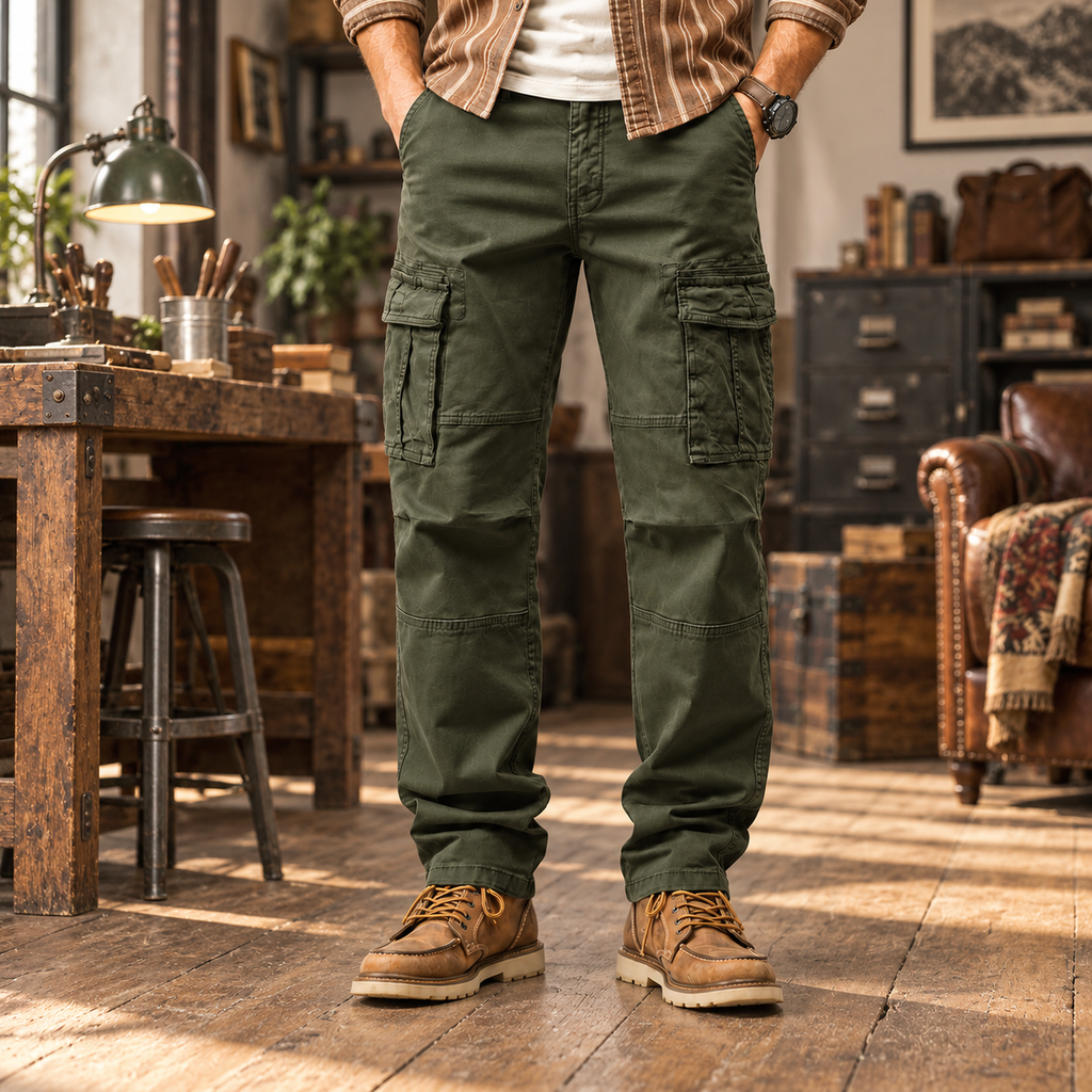 FREDD MARSHALL FH2219 men's cotton straight-leg cargo pants, Army Green, styled outfit