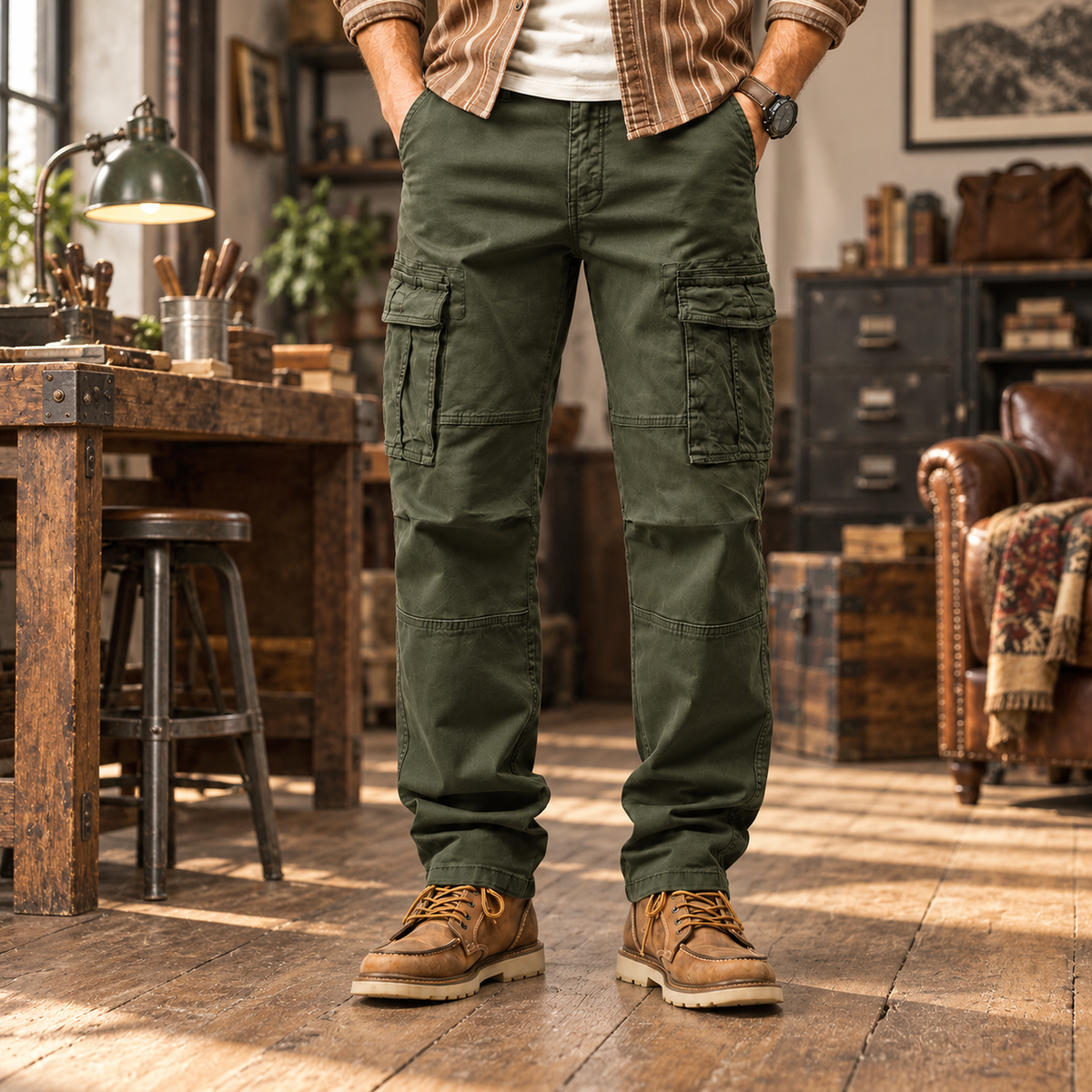 FREDD MARSHALL FH2219 men's cotton straight-leg cargo pants, Army Green, styled outfit