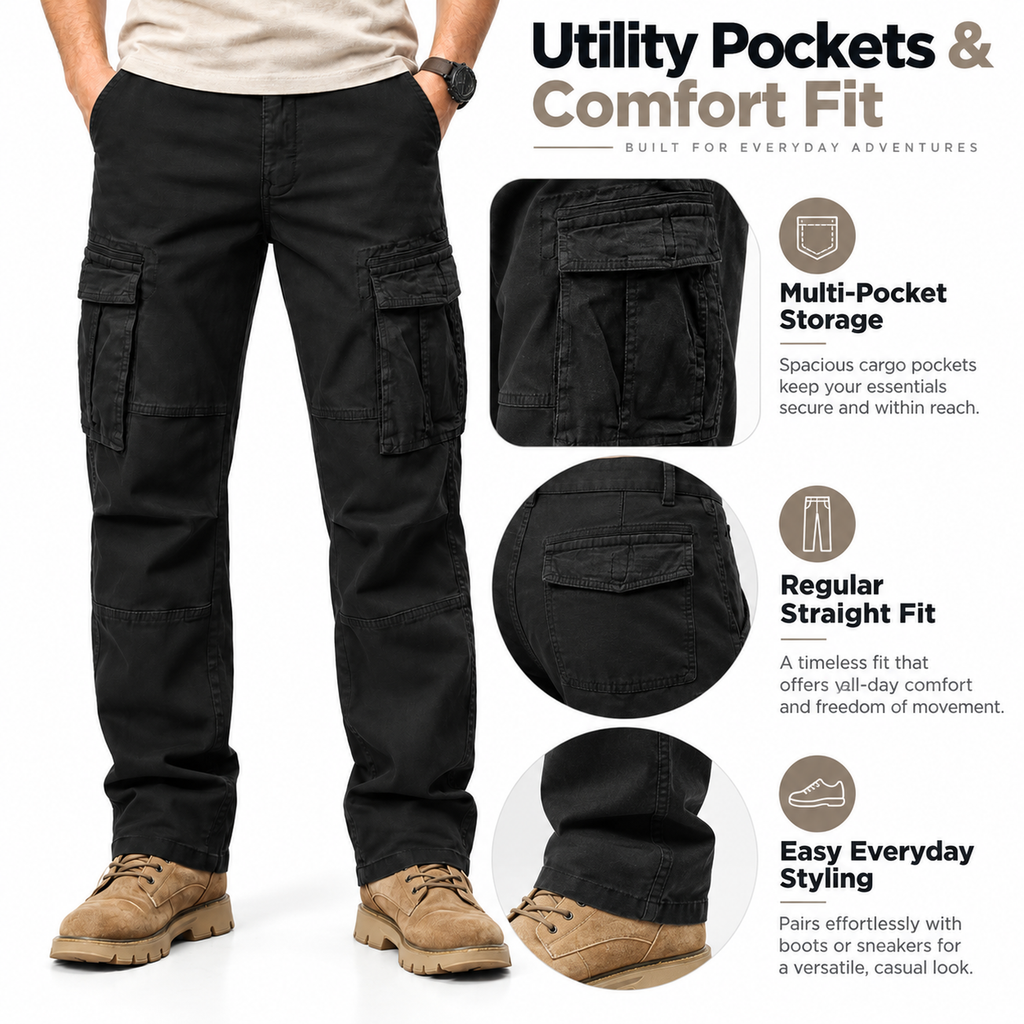FREDD MARSHALL FH2219 men's cotton straight-leg cargo pants, Black, construction detail