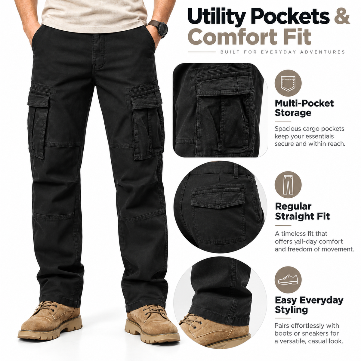 FREDD MARSHALL FH2219 men's cotton straight-leg cargo pants, Black, construction detail
