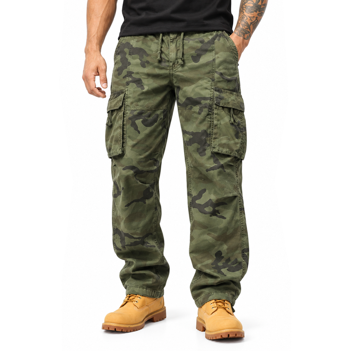 FREDD MARSHALL FH2233 men's cotton camo cargo pants with drawstring, Army Green Camo, front view